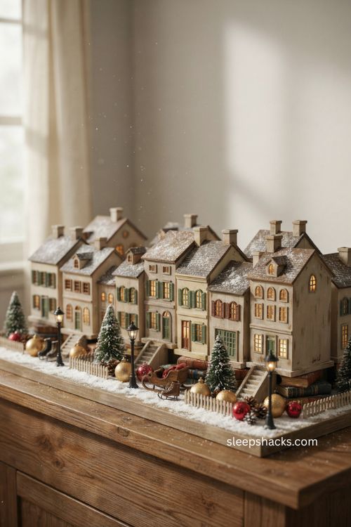Christmas village setup ideas with a cohesive snowy Main Street theme