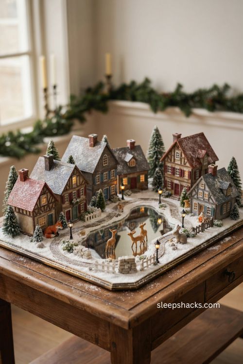 Christmas village setup ideas with a mirror for a bigger winter scene