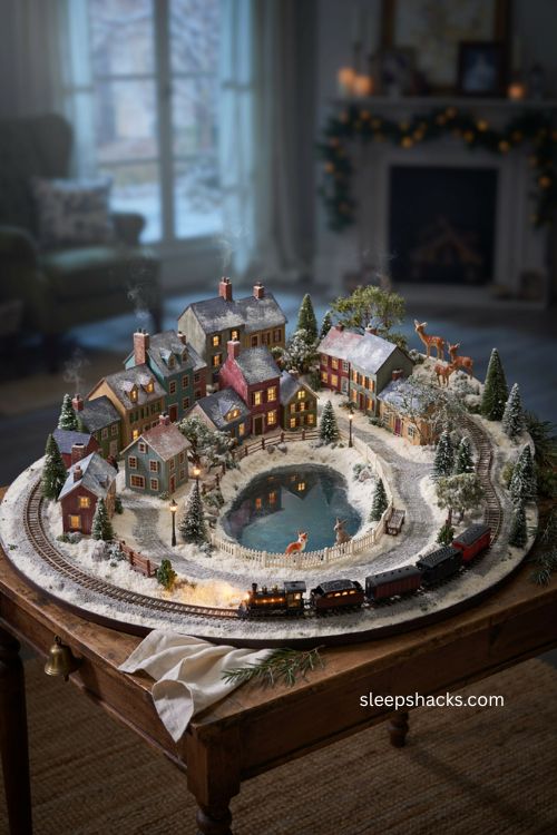 Christmas village setup ideas with a moving train around the miniature town