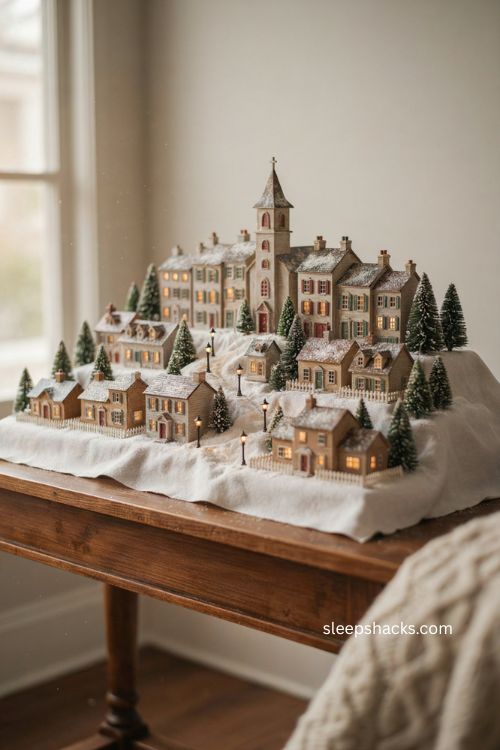 Christmas village setup ideas with a raised multi level snowy display