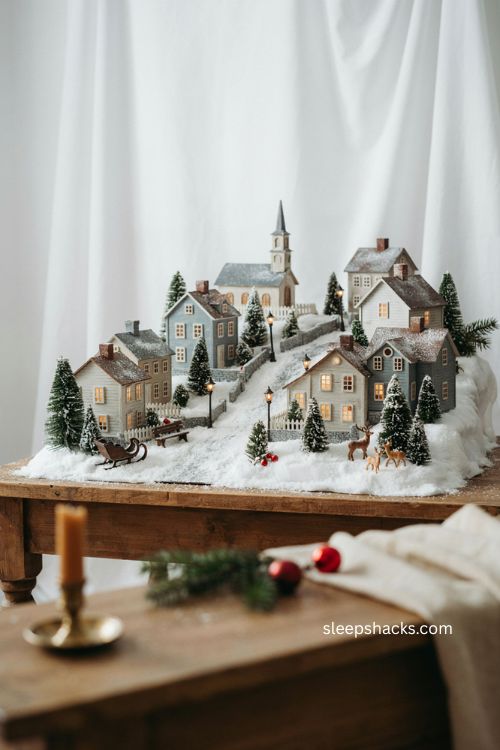 Christmas village setup ideas with a snowy backdrop for extra depth