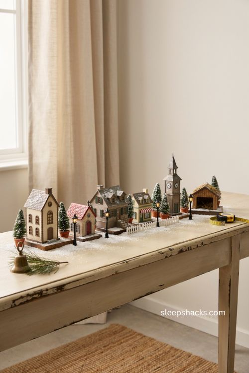 Christmas village setup ideas with balanced spacing and cozy miniature houses