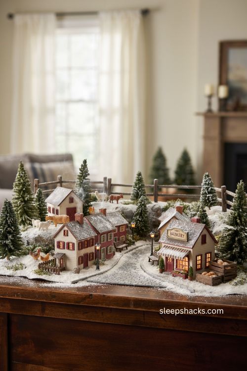 Christmas village setup ideas with charming miniature accessories and animals