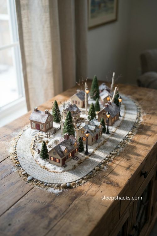 Christmas village setup ideas with curved roads and cozy miniature pathways