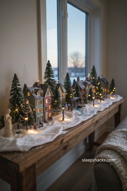 Christmas village setup ideas with snowy details and warm evening lights