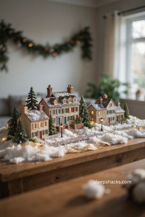 Christmas village setup ideas with textured snow and realistic cobblestone roads