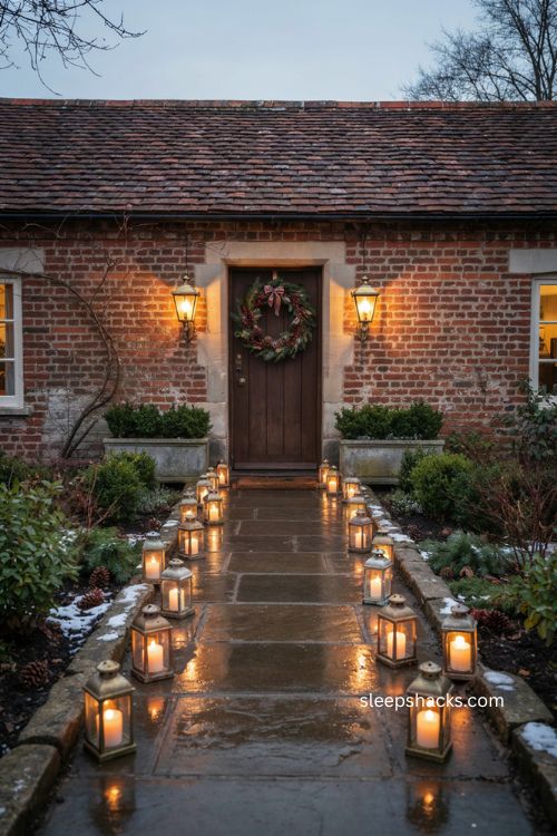 Christmas walkway luminaries with candlelit path and elegant front door holiday decor 