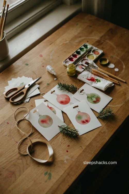 Christmas watercolor ornament cards handmade craft idea with red green paint and twine 
