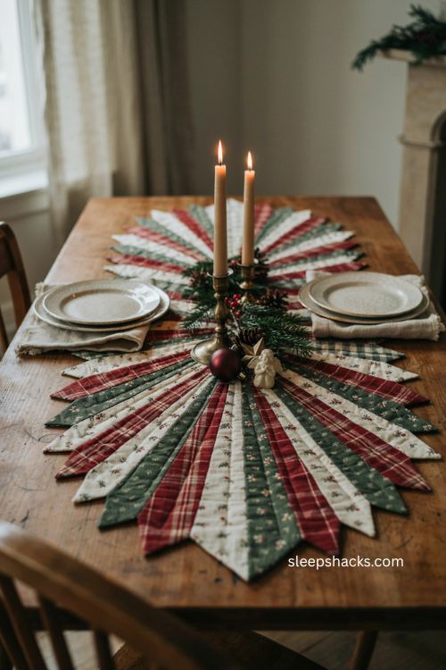 Christmas wedge table runner pattern with radiating quilt design and farmhouse decor