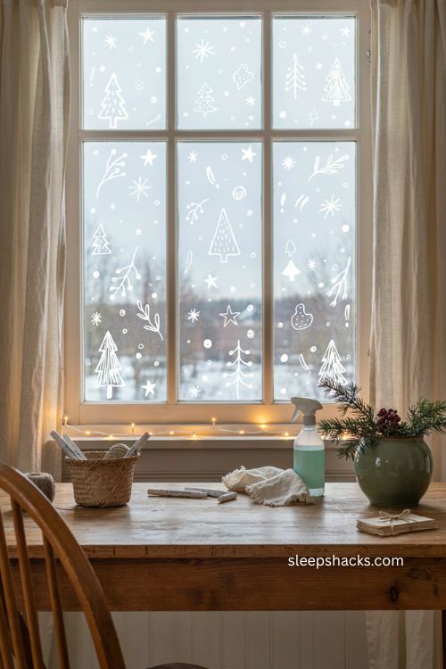 Christmas window drawings with white paint pen snowflakes and cozy farmhouse holiday decor