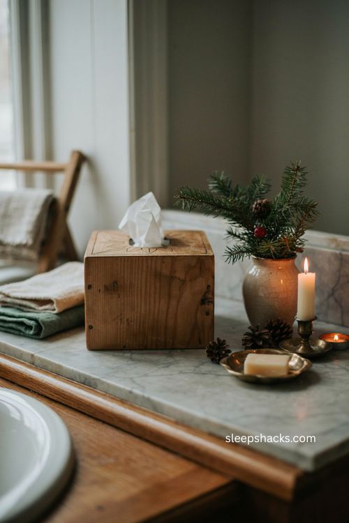 Christmas wooden tissue box cover with rustic winter pattern and cozy farmhouse bathroom decor 