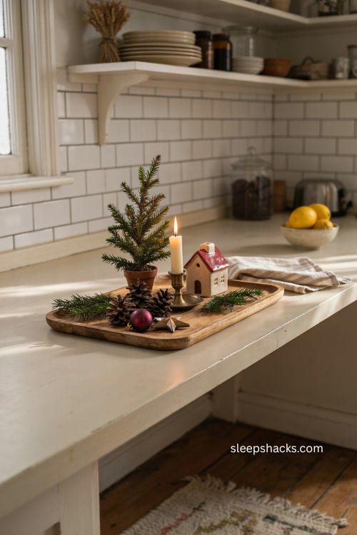 Christmas wooden tray decor with mini tree candle ceramic house and pinecones 