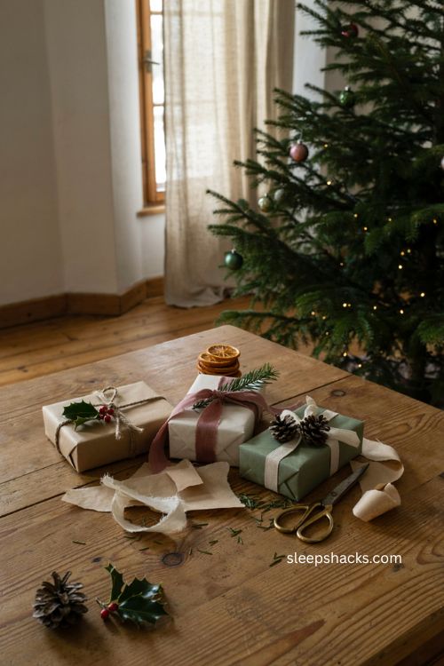 Christmas wrapping paper ideas with pine sprigs natural greenery and simple ribbon 