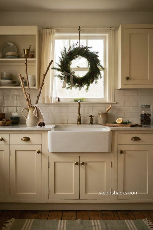 Christmas wreath above kitchen sink farmhouse holiday decor 