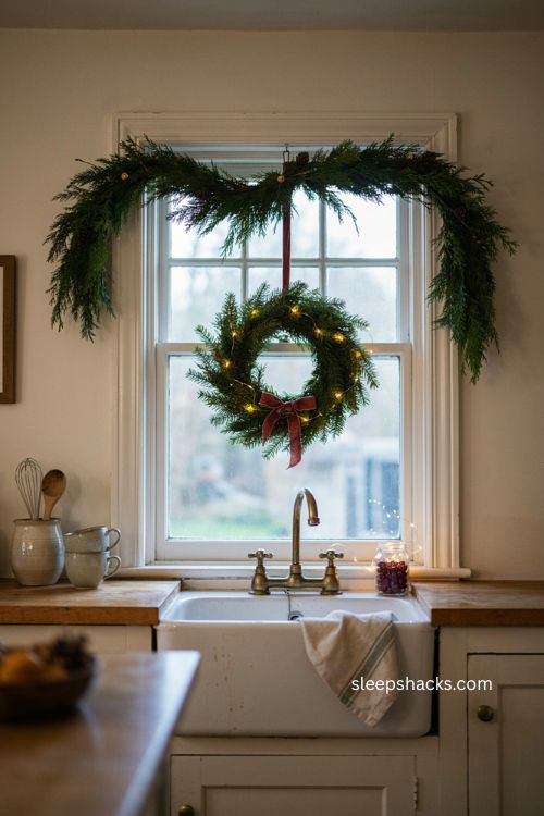 Christmas wreath and garland with fairy lights around cozy kitchen sink window 