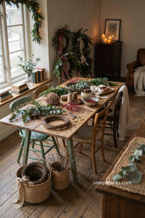 Christmas wreath making workshop ideas with dried flowers and foliage 