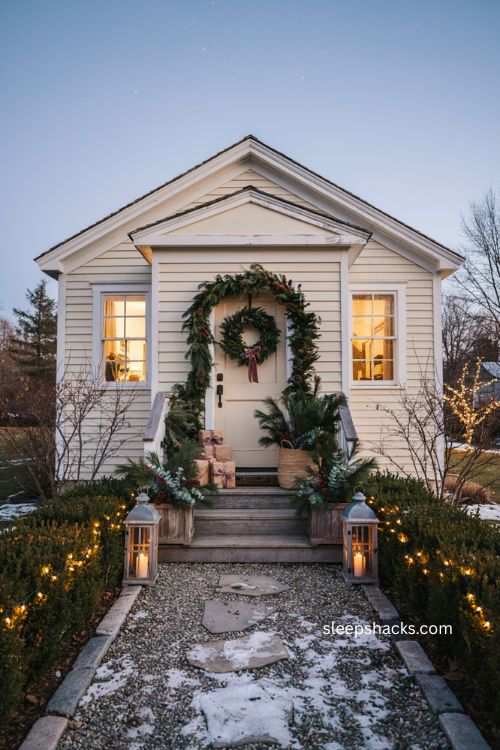 Christmas yard ideas with ground level lights evergreen garland lanterns and cozy front porch decor 
