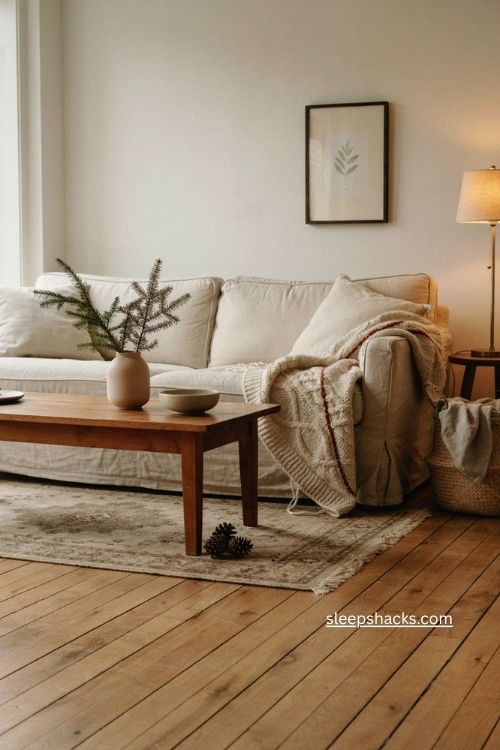 Chunky knit Christmas throw in cream and red on neutral sofa
