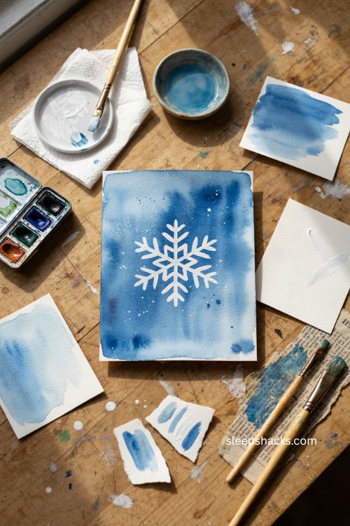 Chunky white gouache snowflake watercolor Christmas card 