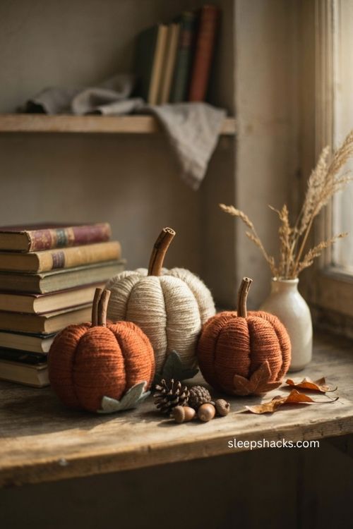 Chunky yarn pumpkins in cream rust and orange for cozy fall shelf decor 