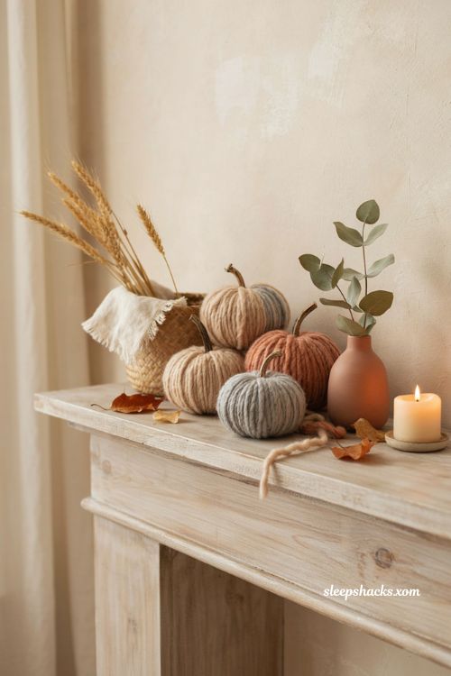 Chunky yarn pumpkins with cozy rustic fall decor for Thanksgiving 
