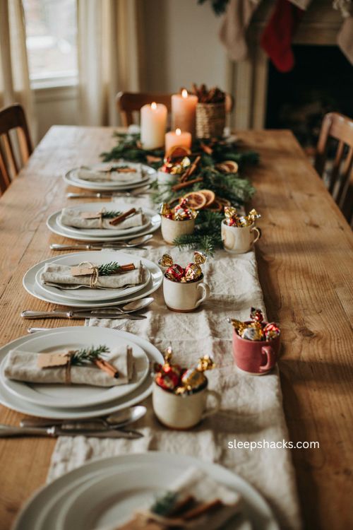 Cinnamon stick and greenery Christmas place setting with napkins 