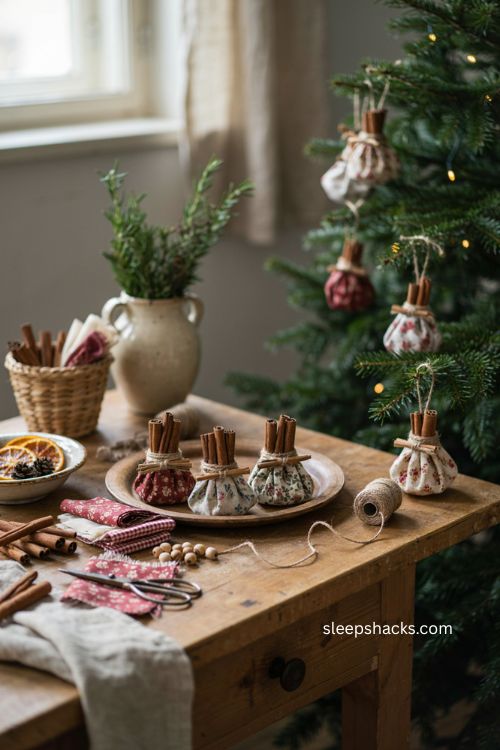 Cinnamon stick wood carrier Christmas ornaments with rustic fabric and farmhouse decor