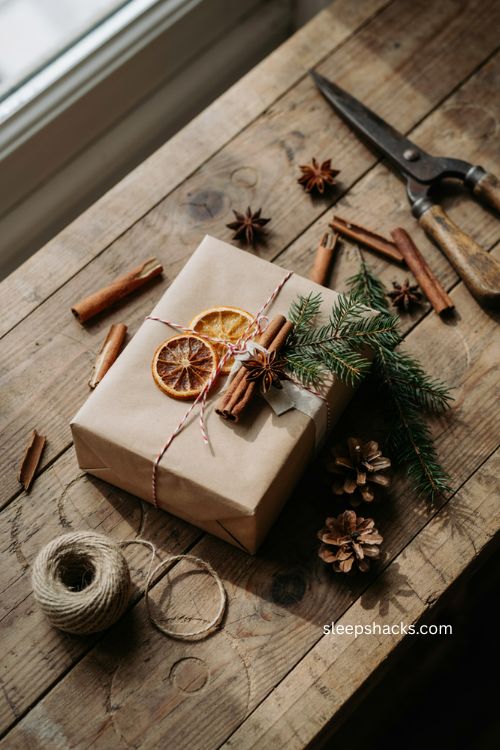 Cinnamon sticks and star anise Christmas gift wrapping with kraft paper 