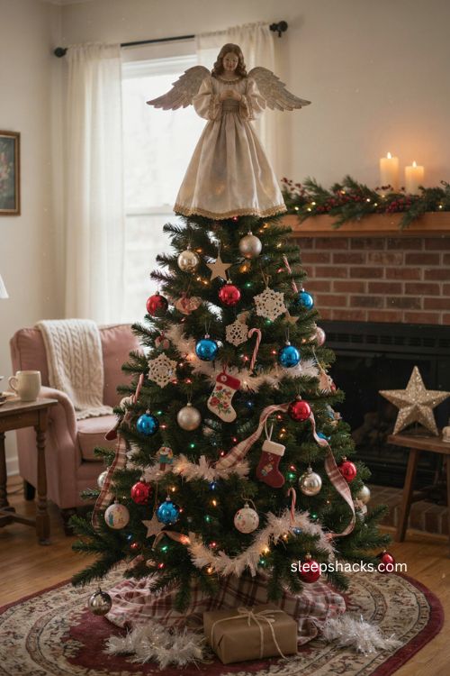 Classic 90s Christmas tree with vintage angel topper and nostalgic ornaments