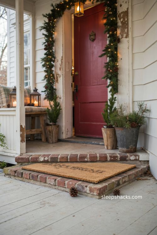 Classic Christmas coir doormat with cozy farmhouse porch decor and holiday entryway 