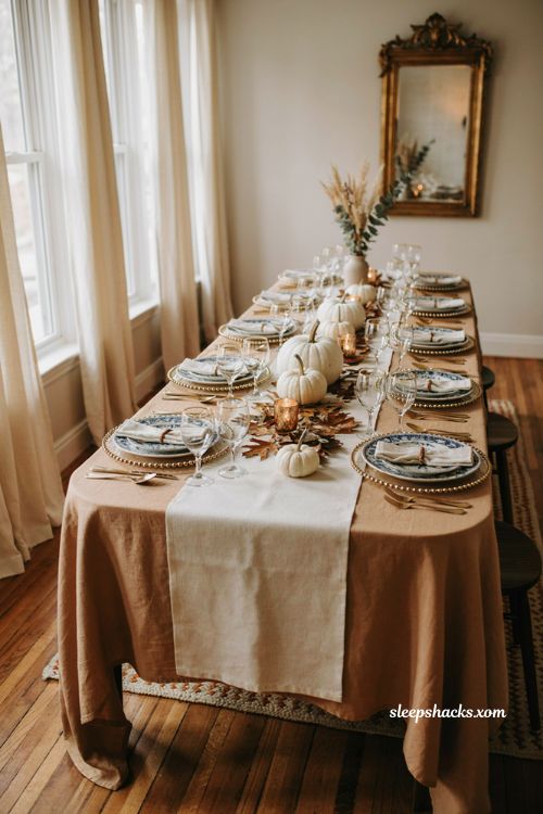 Classic blue and white china Thanksgiving table setting with white pumpkins and gold chargers