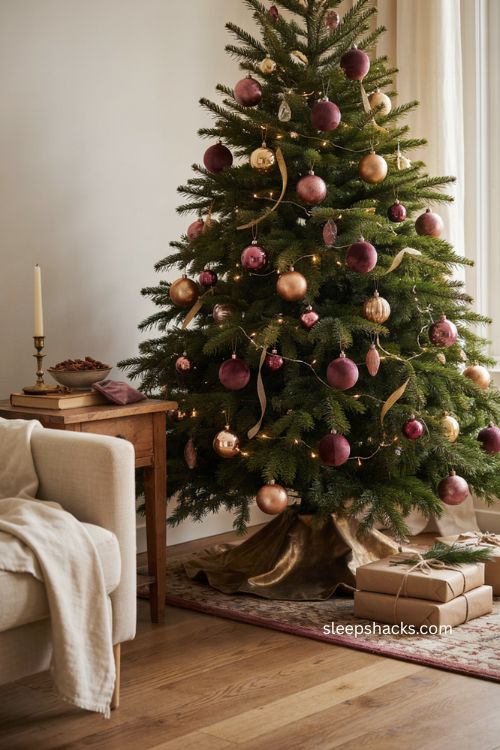 Classic burgundy and gold Christmas tree with velvet ornaments and mauve accents 