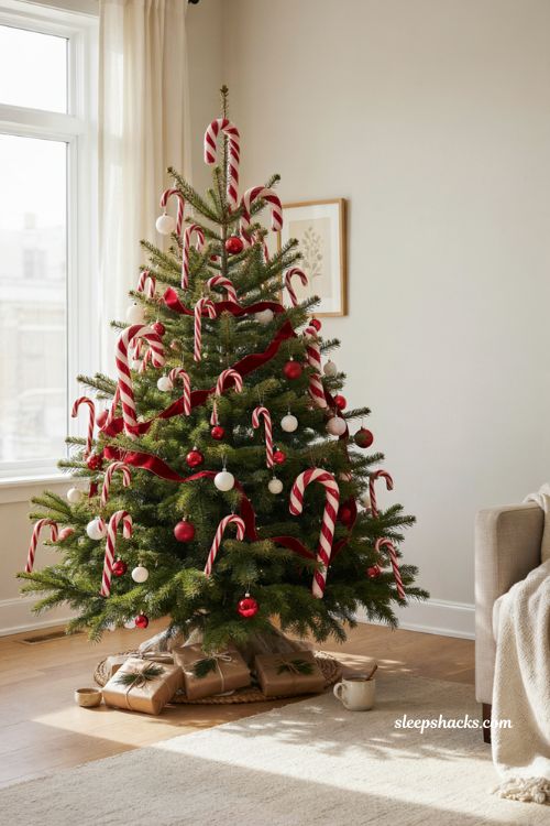 Classic candy cane stripe ornaments on a Christmas tree