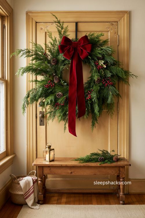 Classic evergreen Christmas swag with red velvet bow pinecones and berries