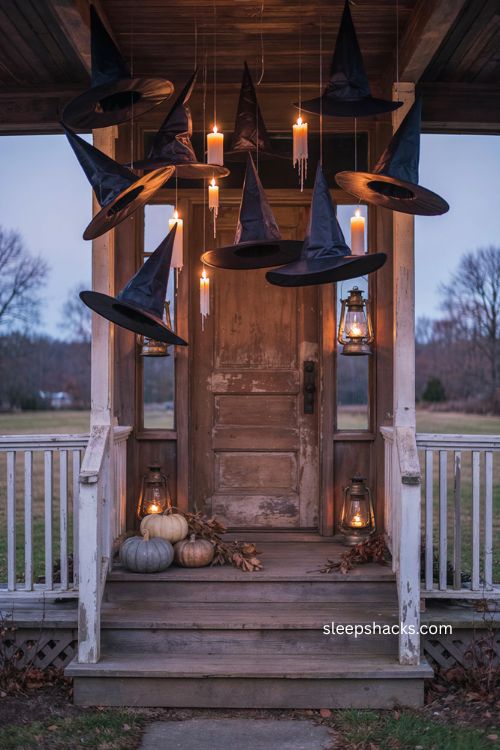 Classic floating candles and witch hats for a cozy haunted Halloween porch 