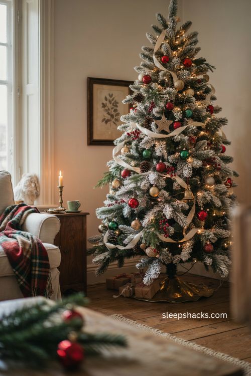 Classic frosted Christmas tree with red green and gold ornaments