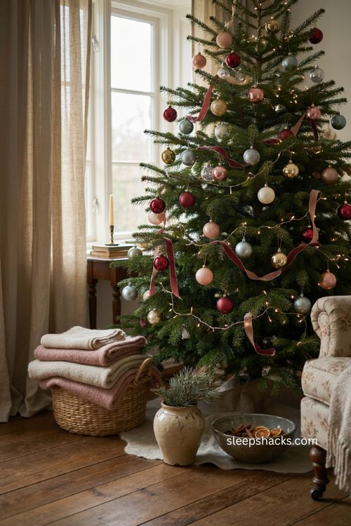 Classic glass baubles in faded tones for a nostalgic vintage Christmas tree 