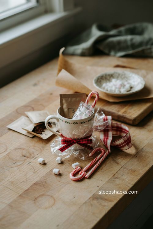 Classic hot cocoa mug gift with marshmallows candy canes and red plaid ribbon 