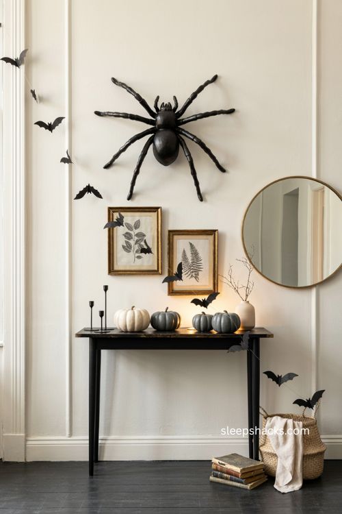 Classic monochrome Halloween entry table with giant spider bats ceramic pumpkins and woven basket