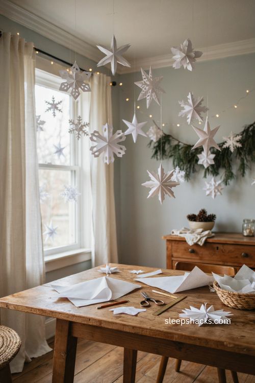Classic paper snowflake Christmas decorations with handmade winter window and wall decor