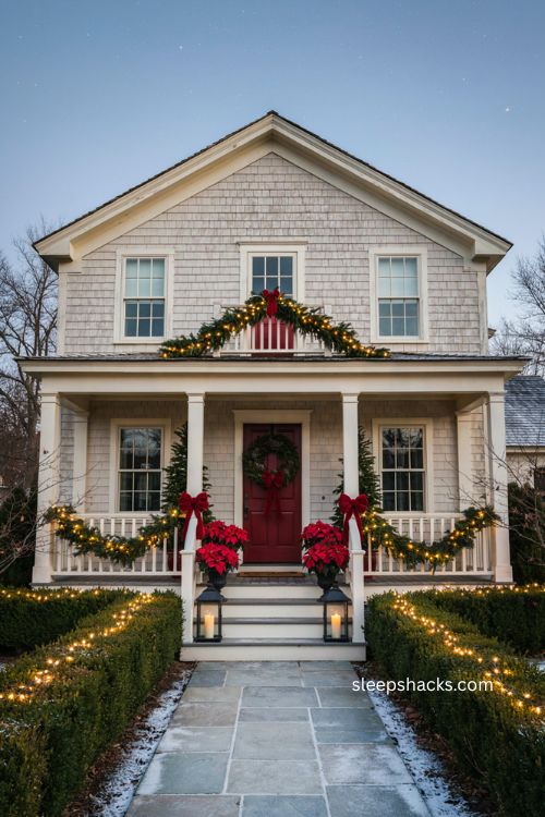 Classic red and white Christmas decor with red bows poinsettias greenery and glowing lights 