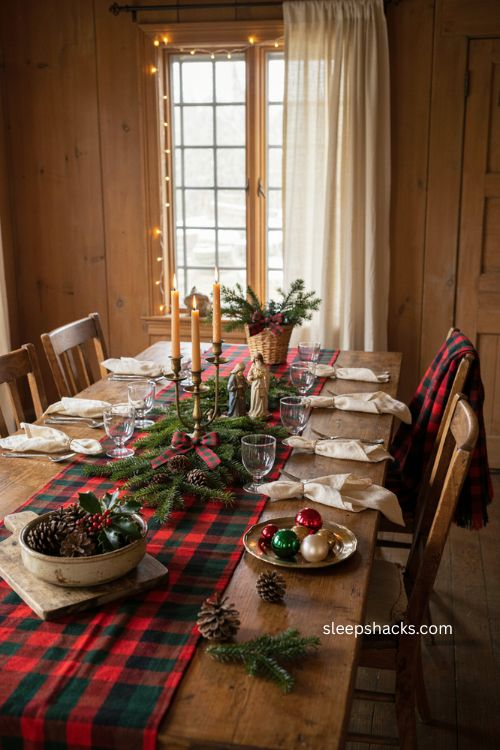 Classic red plaid Christmas table with evergreen centerpiece candles and cozy cabin holiday decor 
