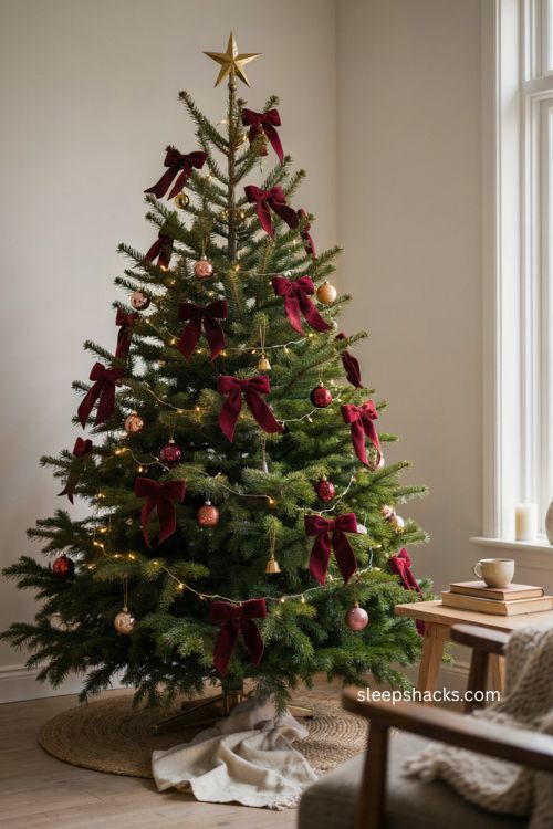 Classic red velvet bows on Christmas tree with warm white lights and glass ornaments 