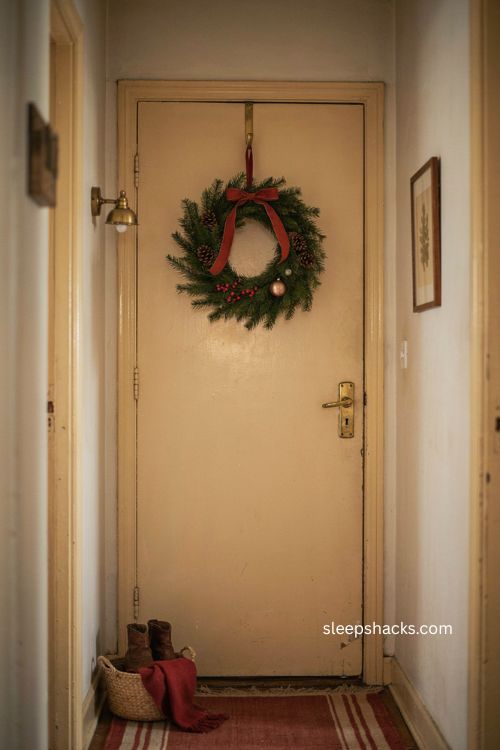 Classic renter friendly christmas wreath on apartment door with evergreen red ribbon and pinecones 