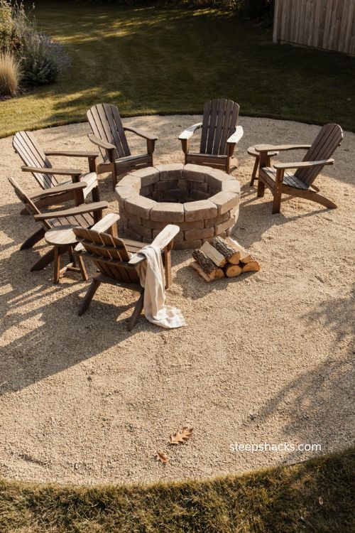 Classic round paver fire pit with gravel seating and simple backyard chairs 