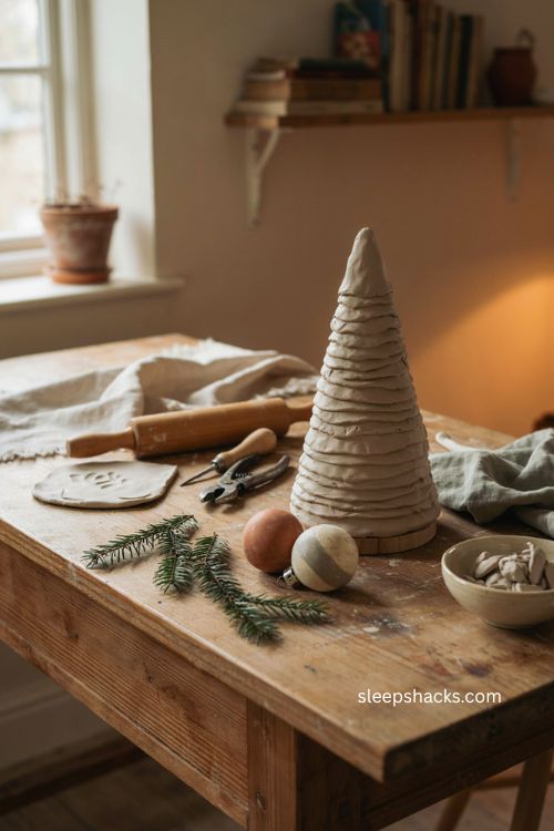Classic spiral wrapped clay tree handmade pottery christmas tree with rustic texture