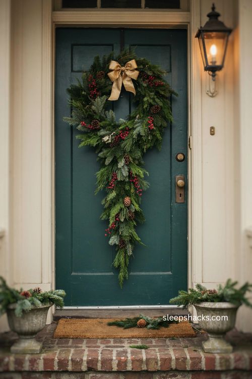 Classic teardrop Christmas door swag with red berries pinecones and ribbon bow