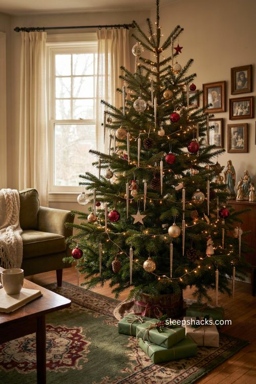 Classic tinsel icicles shimmering on a nostalgic Christmas tree with vintage ornaments 