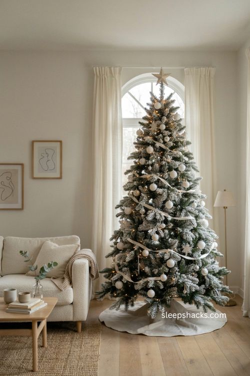 Classic white winter Christmas tree with ivory ribbon silver snowflakes and warm lights