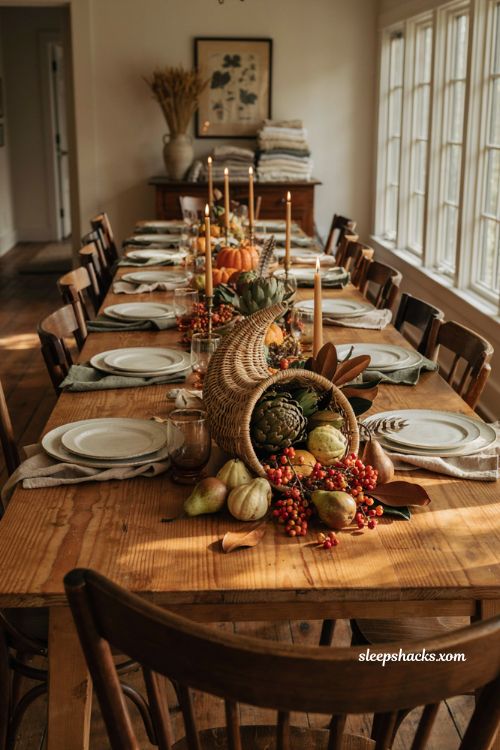 Classic wicker cornucopia Thanksgiving floral centerpiece with gourds pears and berries 
